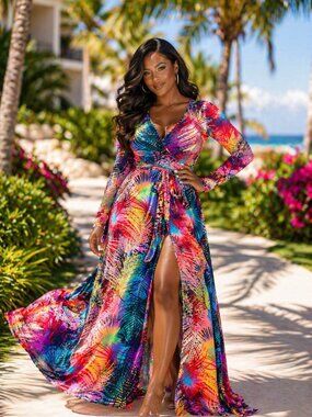 So Lovrie Rainbow Palm-Print Wrap Maxi Dress